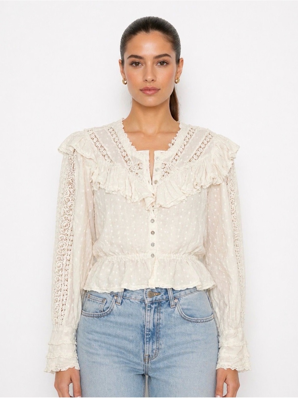 $320 LoveShackFancy Cream Lace Ruffle Peplum Blouse